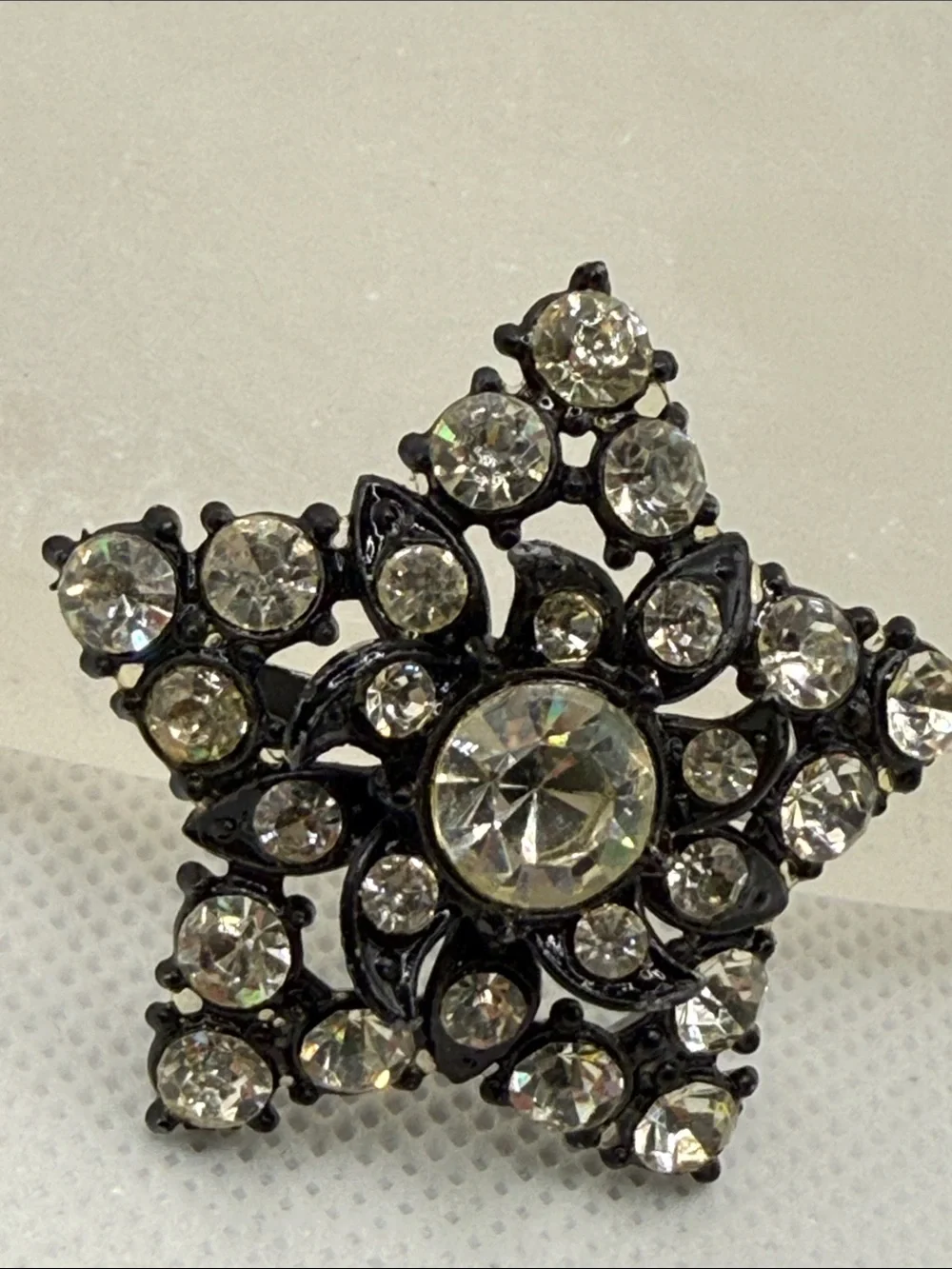 Vintage Starburst  Star rhinestone Pin Brooch - Black Metal unusual piece